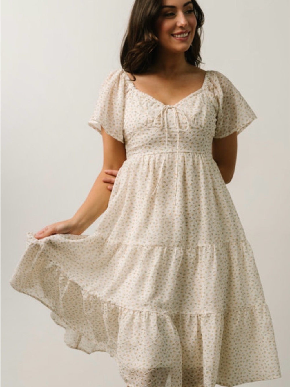 Baltic Born Cream Floral Tie-Front Tiered Midi Dress